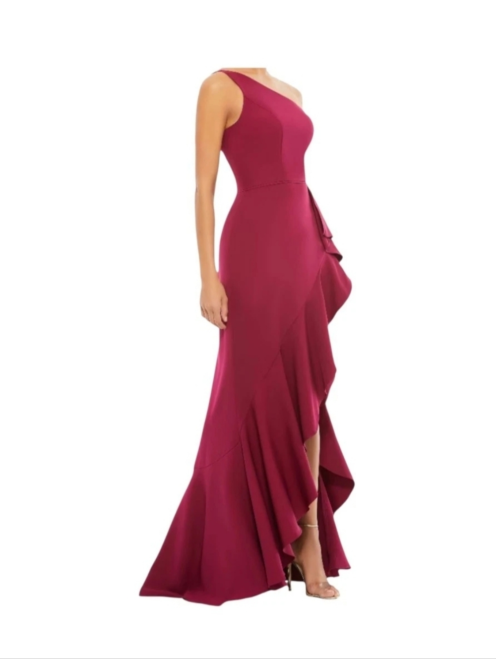 Ieena Mac Duggal 49089 One-Shoulder‎ High Slit Ruffle Gown in Berry (Size 6)